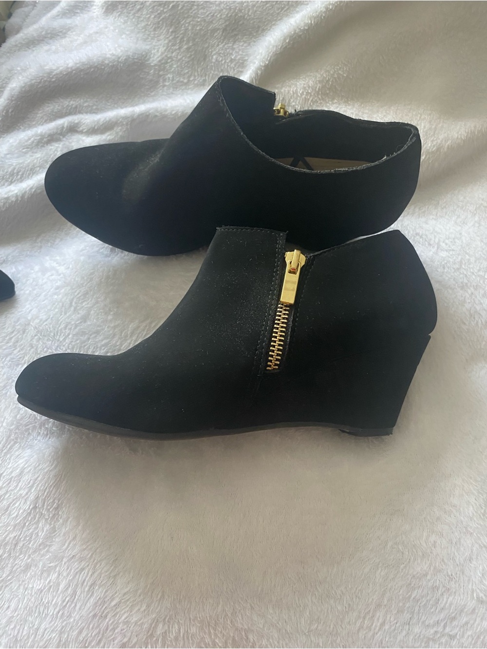 Women's Black Suede Wedge Ankle Booties with Gold Zip Accent